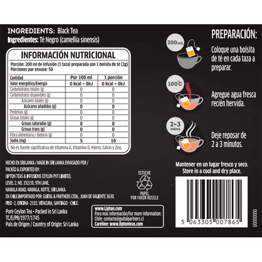Té Lipton Black Label 100 Bolsas | Intenso